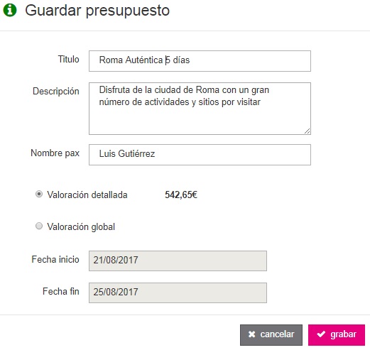 Formulario Guardar Presupuesto OfiBooking